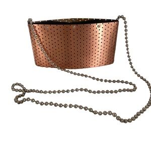 WENDY STEVENS COPPER perforated Oval Metal Bag Silver Chain Purse 8x3” Suede